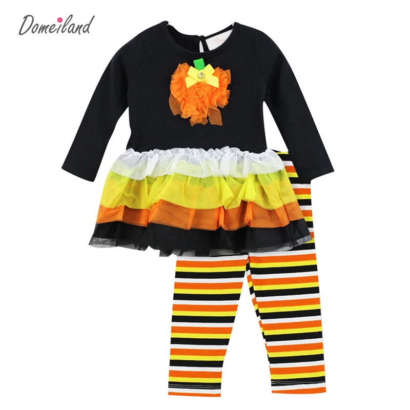 

New 2017 Fashion Autumn children's Girls Boutique Outfits Sets For 2PC Halloween long-sleeved cotton Tutu Dress+Ruffle Pants