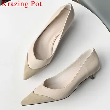 

Krazing Pot genuine leather kitten heels pointed ote office lady British style elegant streetwear large size dress pumps L16