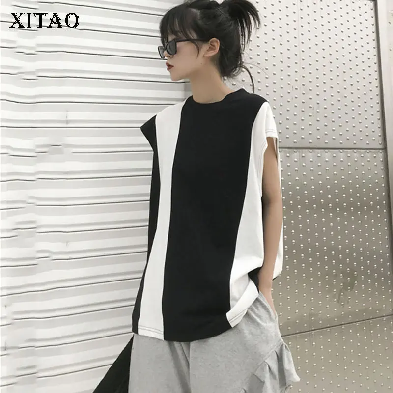 

[XITAO] 2019 Summer Korea Fashion New Women O-neck Sleeveless Loose Pullover Tee Female Patchwork Striped Casual T-shirt DLL3434
