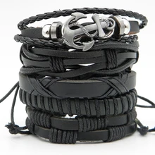 5pcs/set Stylish Men's Handmade leather Wrap Braided bracelets Vintage Punk leather Wristband Combined Hemp bracelet Xmas Gifts stylish faux leather braided bracelet