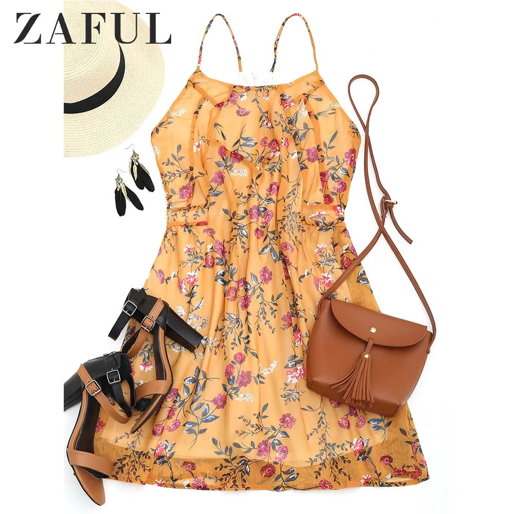 ZAFUL Floral Racerback Back Zip Mini Dress Women Summer Beach Dress