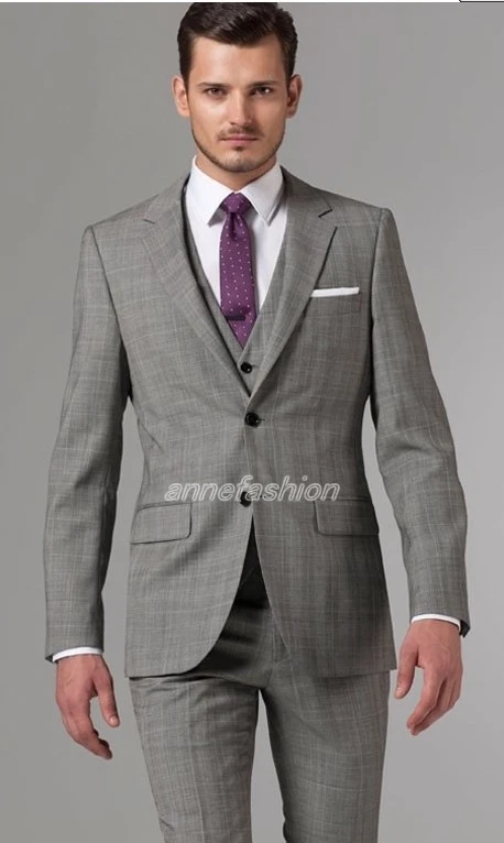 

Free shipping Italian high quality worsted Wool suit Men suit Two Buttons Gray Prince of Wales windowpane Three-Piece Suit