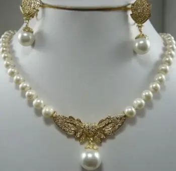 

free shipping 07539 White Akoya Pearl necklace & earring Set (A0423)