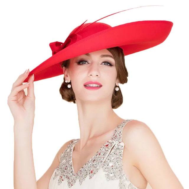 FS вуалетки с большими полями Кентукки Дерби шляпа Королевские Свадебные шляпы элегантные женские платья для церкви Леди Черный Красный Чай Вечерние Fedora - Цвет: Red Fascinators