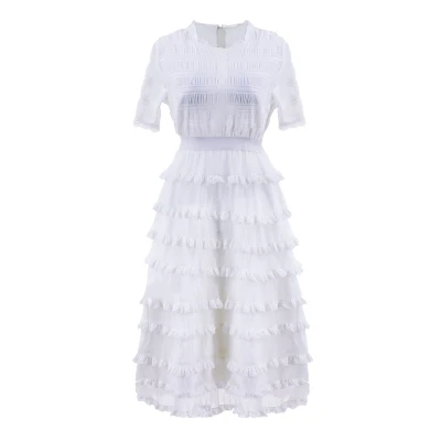 Женское элегантное шифоновое платье с каскадными оборками Летнее нарядное платье с коротким/длинным рукавом повседневное милое кружевное плиссированное платье - Цвет: white short sleeve