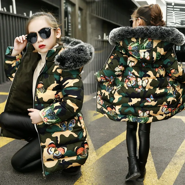  Winter Girls Hooded Warm Coat Korean Camouflage Coat Children Thickening Butterfly Fashion Zipper L