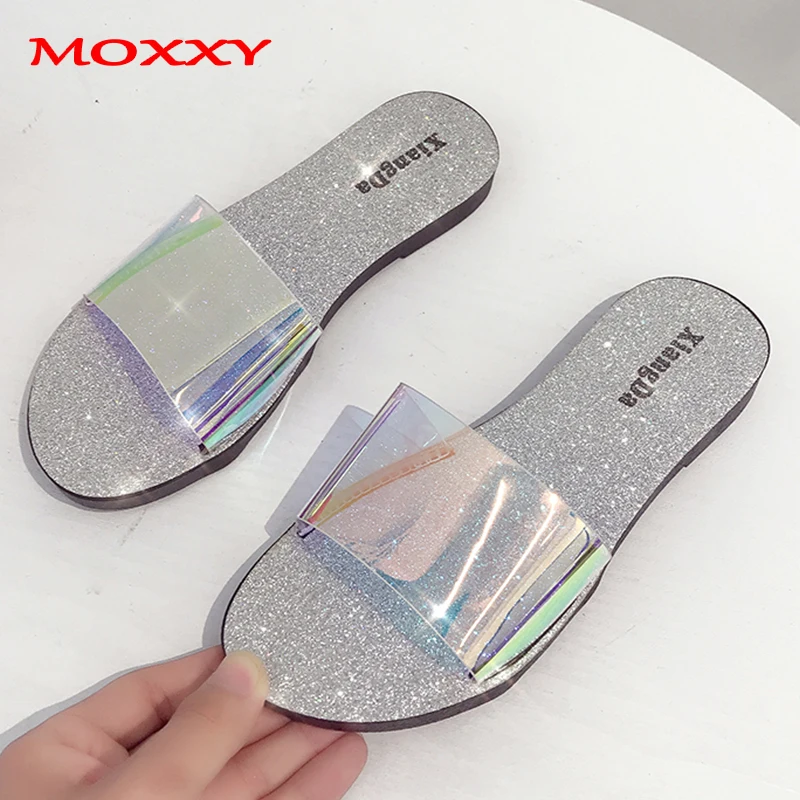 

2019 New Flat Beach Slides Women Slippers Home Glitter Transparent Slippers Women Flop Flips Summer Shoes Woman zapatos de mujer