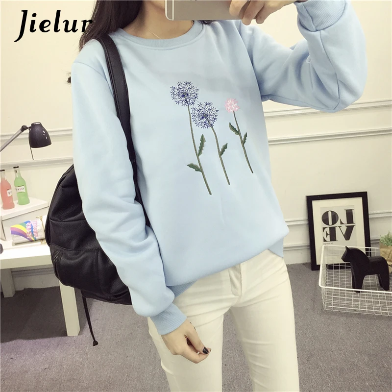 Jielur Одуванчик вышивка флис sudaderas mujer 2019 Новый Белый Синий базовый шик толстовки