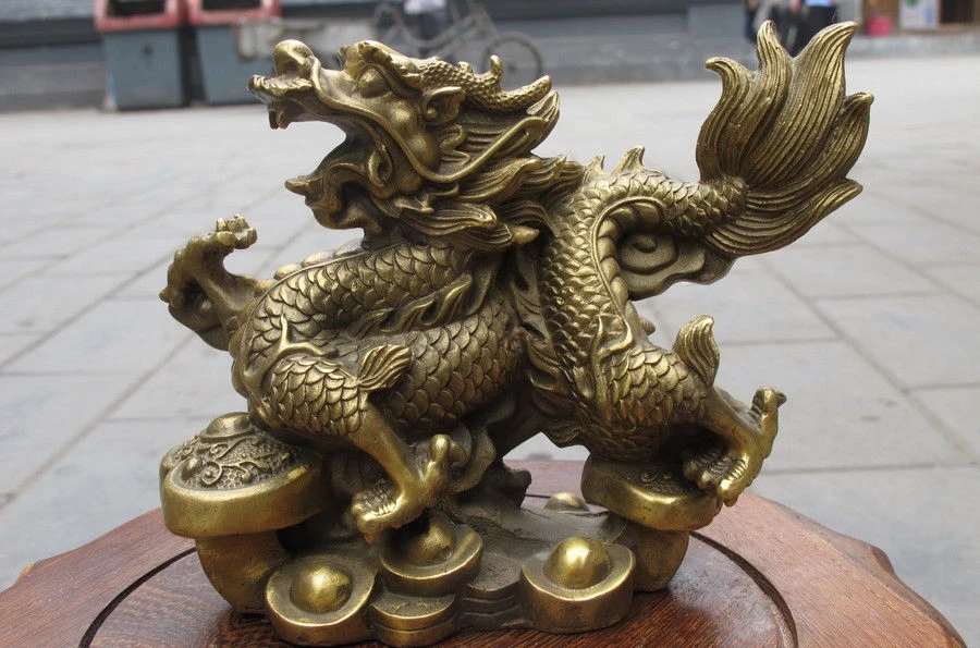 

Chinese Folk Classic pure Brass Carved ruyi Wealth Dragon Lucky feng shui statue