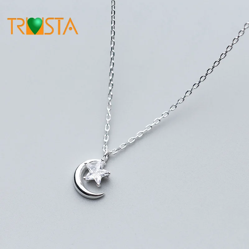 

Trusta 100% 925 Real Sterling Silver Jewelry Moon Star CZ Pendant 40cm Short Clavicle Necklace For 2018 Girl Women Lady XY757