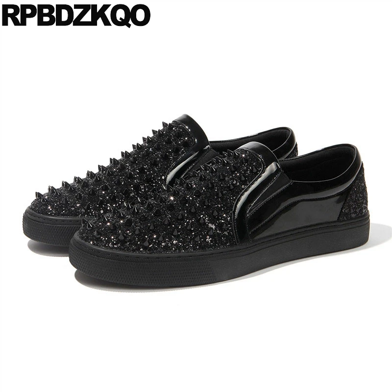 

Sequin Elevator Casual Sneakers Black Glitter Shoes British Style Dandelion Skate Silver Slip On Stud Men Flats Trainers Rivet