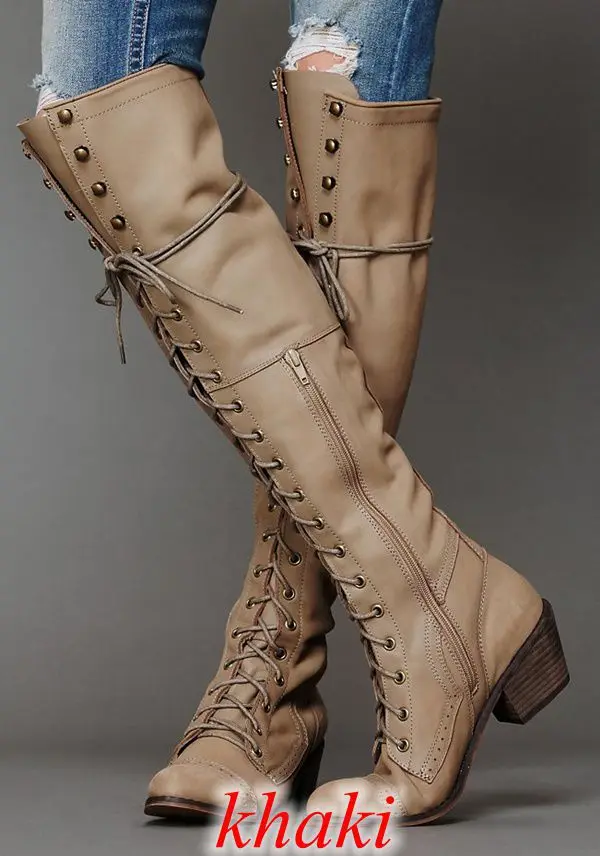Сапоги выше колена; женские винтажные сапоги до бедра из искусственной кожи с перекрестной шнуровкой; сезон осень-зима; женская обувь на среднем каблуке размера плюс