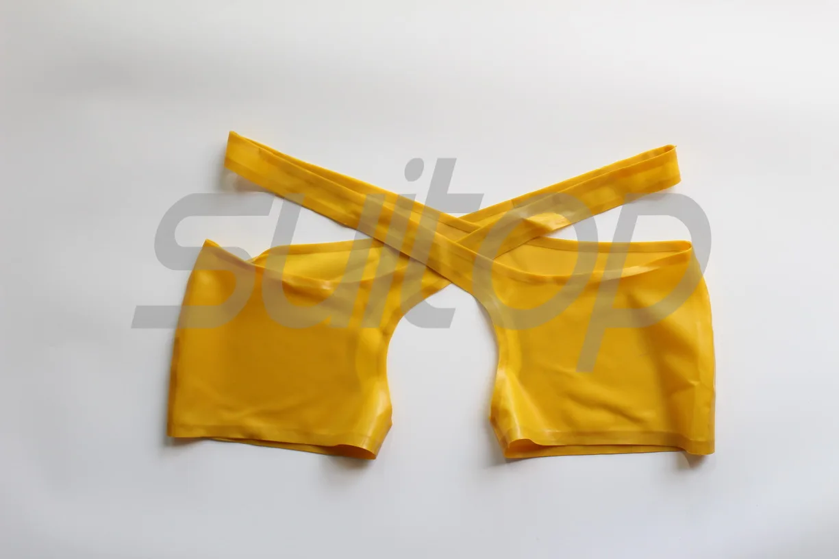 New Men's sexy latex shorts open cortch in trasparent yellow with lubes outside 5
