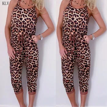 

Women Leopard Print Sleeveless Pocket Jumpsuit Party Summer Casual Long Pencil Jumpsuits Romper