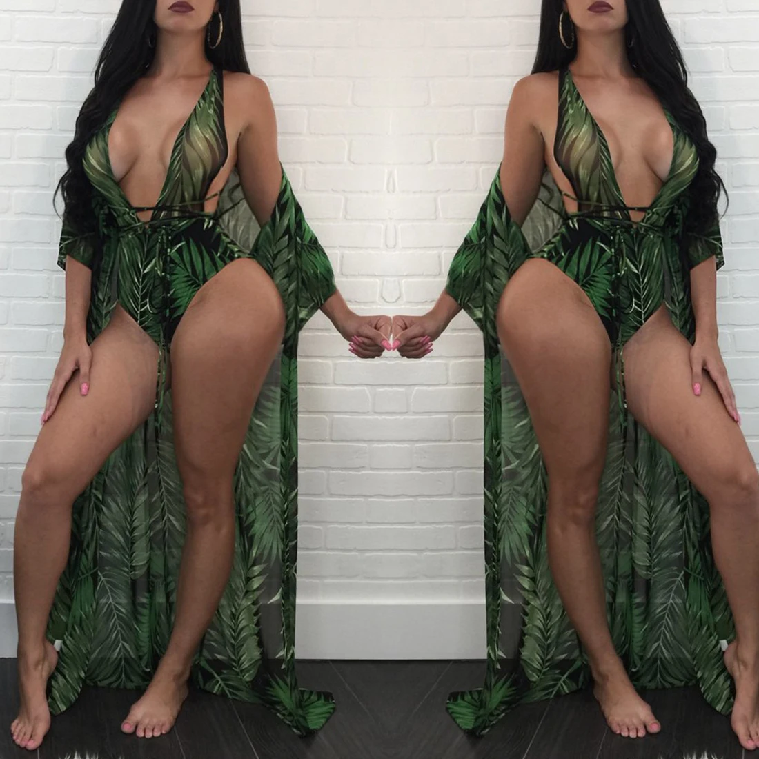 

Cover Up Two Piece Bathing Suit Sexy Women Bikinis Forest Leaf print Bikini Sets Deep V Neck Swimsuit Long Beach dress