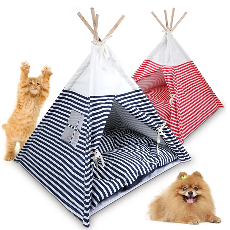 Portable Pet Teepee Tent Stripe Camping Tent Doghouse Pet Bed Cat House Foldable Dog Tents Bed for Small Dogs ( with Cushion )