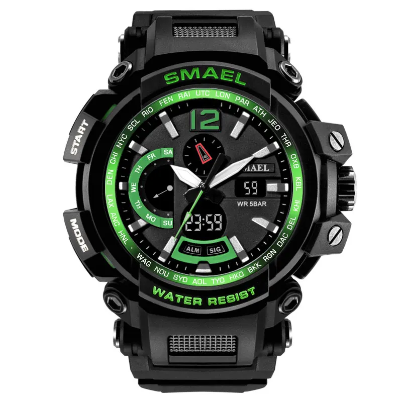 SMAEL, брендовые, светодиодный, водонепроницаемые, 50 м, спортивные наручные часы, секундомер, 1702, серые, военные часы, цифровой, светодиодный, армейские часы для мужчин - Цвет: Green