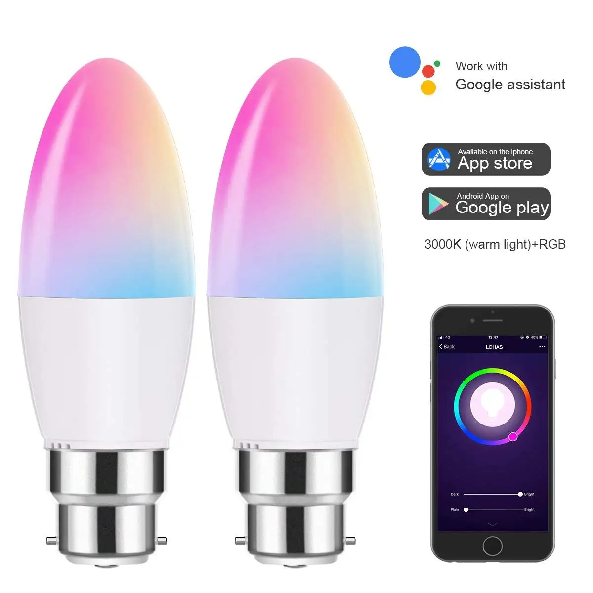 

Smart WiFi LED Candle Bulbs B22 Works with Alexa Google Home 5W Equal 40W RGB+Warm/Day White Colour Changing Mood Light-2Pack
