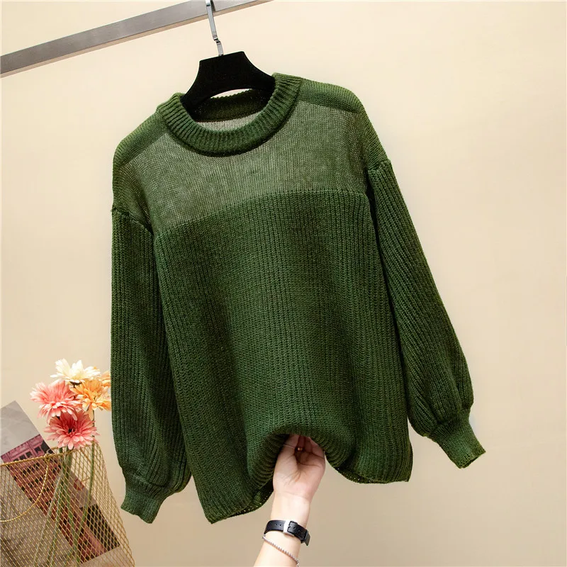 2018 Autumn Winter Sweater Women Pullover Jumper Long Sleeve O-Neck Knitted Tops Outwear Femme Patchwork Lantern Sleeve Sweater