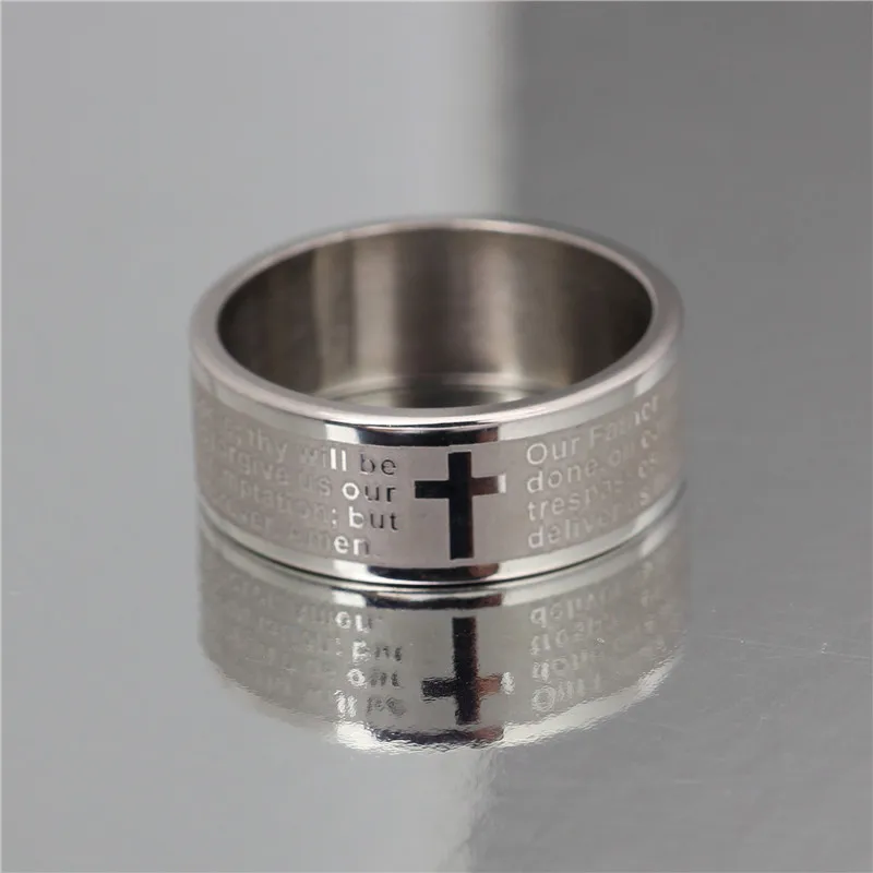 English Titanium Steel Christian Cross Bible Ring for Men and Women Personalized Ring Customize Engraved finger ring