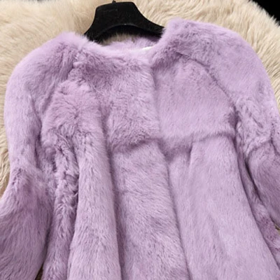 Пальто с натуральным кроличьим мехом, женское осенне-зимнее пальто с карманами, тонкое, средней длины, с полным мехом, верхняя одежда, Женская куртка, большой размер - Цвет: lavender