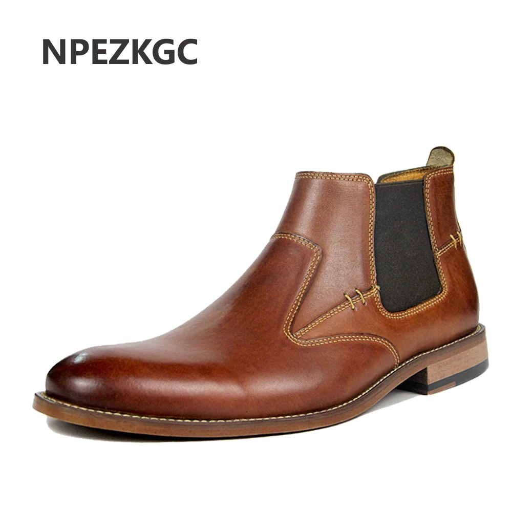 

NPEZKGC New Vintage Genuine Leather Men's Outdoor Chelsea Ankle Boots Round Toe High-Top Handmade Cowboy Riding Shoes For Man