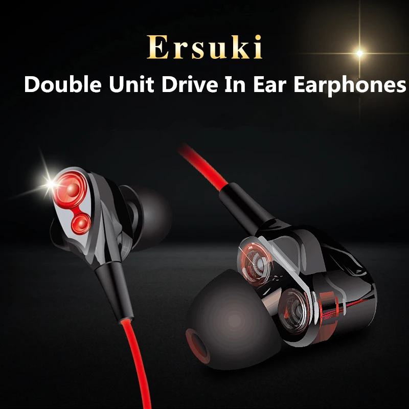 

Ersuki Double Unit Drive In Ear Earphone Stereo auriculares High bass Double moving With Microphone Computer earbuds For Phone