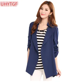 

UHYTGF Fashion Spring Autumn Coat Women Top Plus size Cardigan Coats Casual Woman Trench Coat Korean Elegant Thin Coats 186