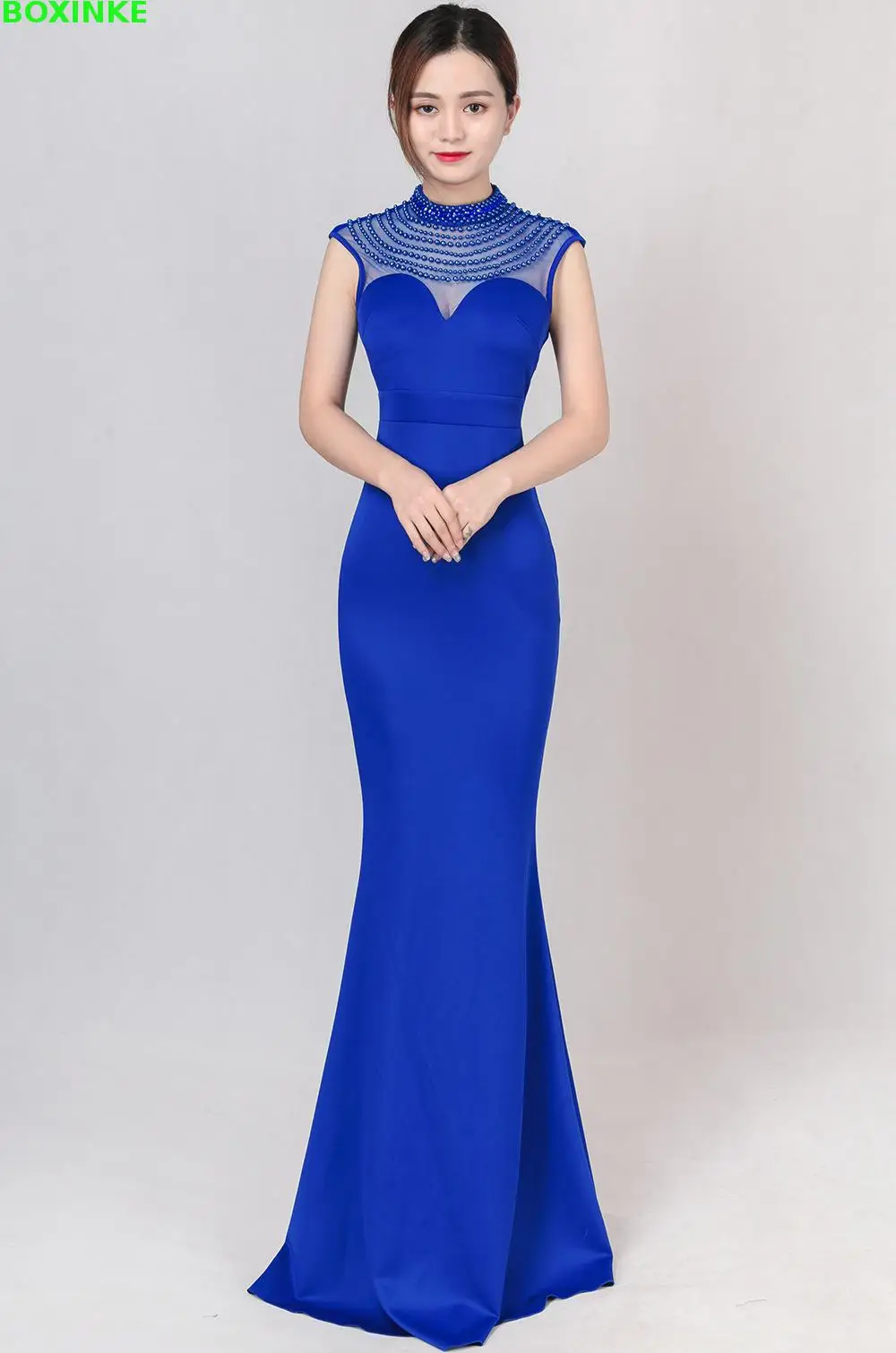 

Vestidos De Fiesta Stand Real Solid Lanon Mesh Polyester Dress New European Bead Halter Collar Slim Annual Party Club Long