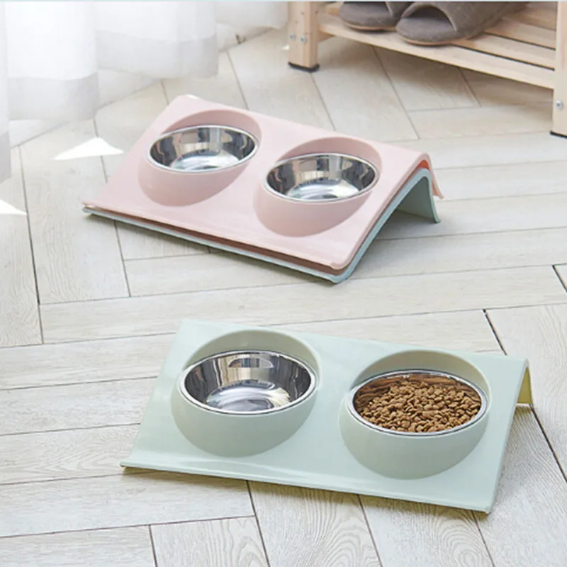 

New Hot Pet Dog Double Bowls Stainless Steel Food Plate Teddy Dog Cat Food Basin Puppy Pet Dogs Cats Feeding Supplies BW615