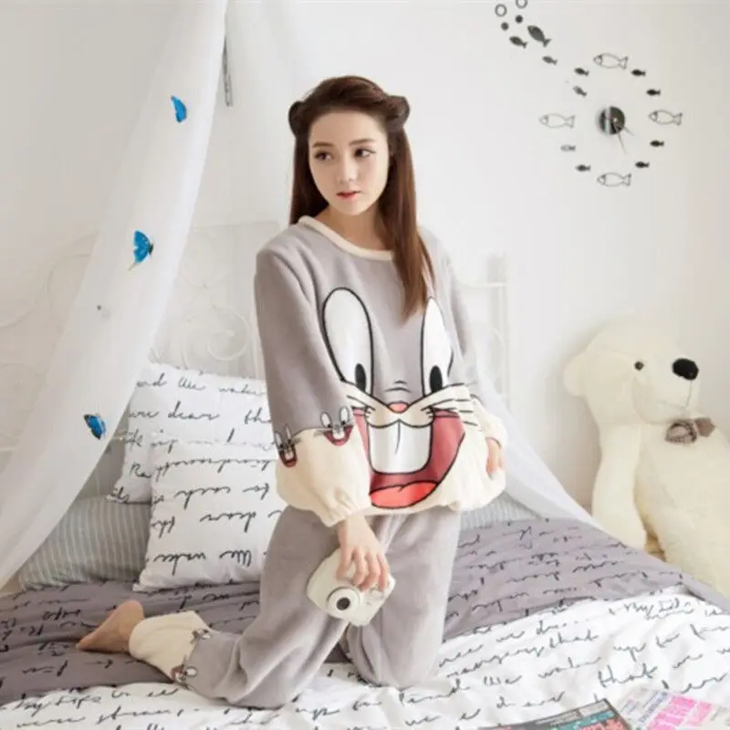 

Newest Winter Thickened Pajamas Women Cute Cartoon Coral Fleece Pyjamas Home Furnishing Suit Coral Velvet Home Wear Leisure Wear