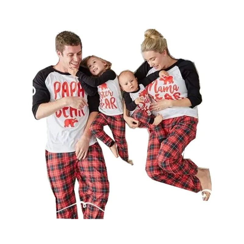 

Family Matching Clothes Christmas Pajamas Long Sleeve Printing 2 Pcs Pijamas Sets Plaid Cotton Mom&daughter Baby Clothing QZ055