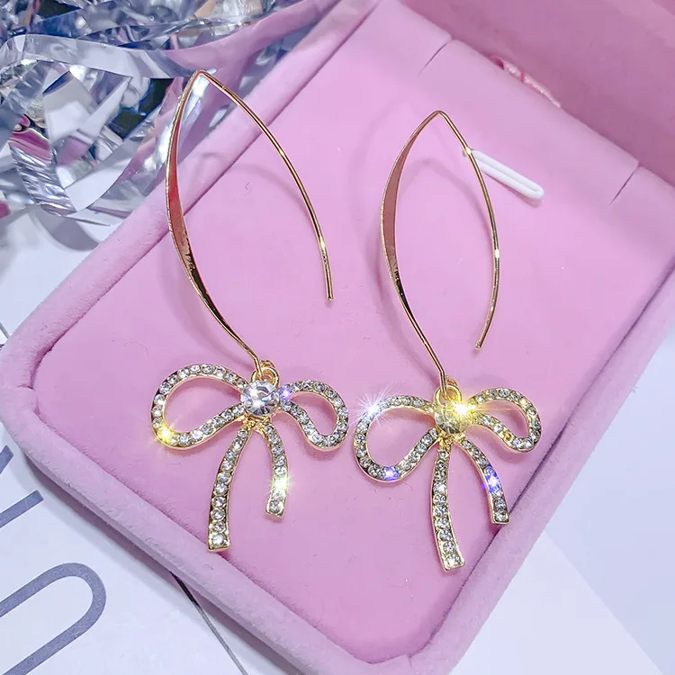 

Drilling earrings women bows fashion temperament personality Korean pendant girls simple long rhinestone earrings