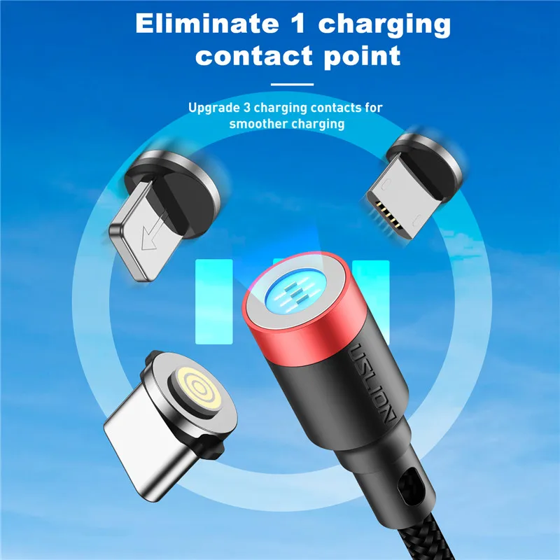 Магнитный кабель USLION 3A для быстрой зарядки iPhone Xs Max XR 8 7 6 6S Plus Micro USB Type C Samsung Xiaomi