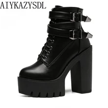 AIYKAZYSDL Women Ankle Boots Faux Leather/Suede Motorcycle Biker Bootie Punk Buckle Platform Block Ultra Very High Heel Shoes