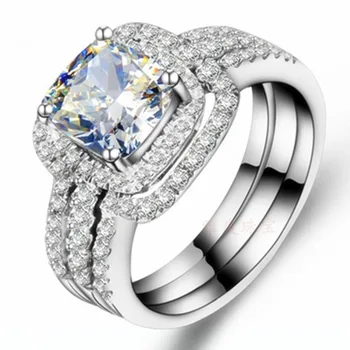 

Splendid Cushion Rings Set 925 Sterling Silver Jewelry 18KT White Gold Cover 3CT Cushion Ring Luxury Set Wedding Bands Rings Set
