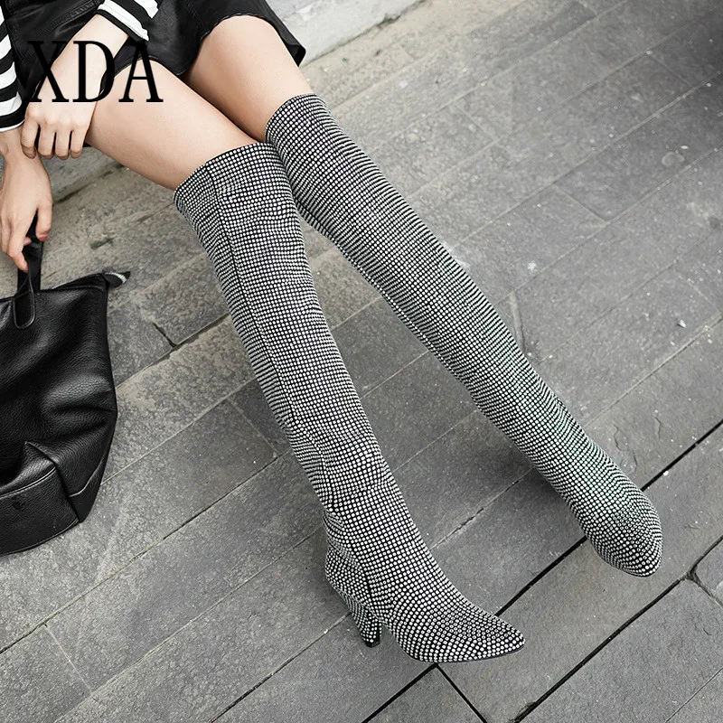 

XDA Hot Sale Women Boots Luxury Glitter Rhinestone Embellished Knee High Boots Sexy High Heel Casual Long Boots Size 36-40 B304