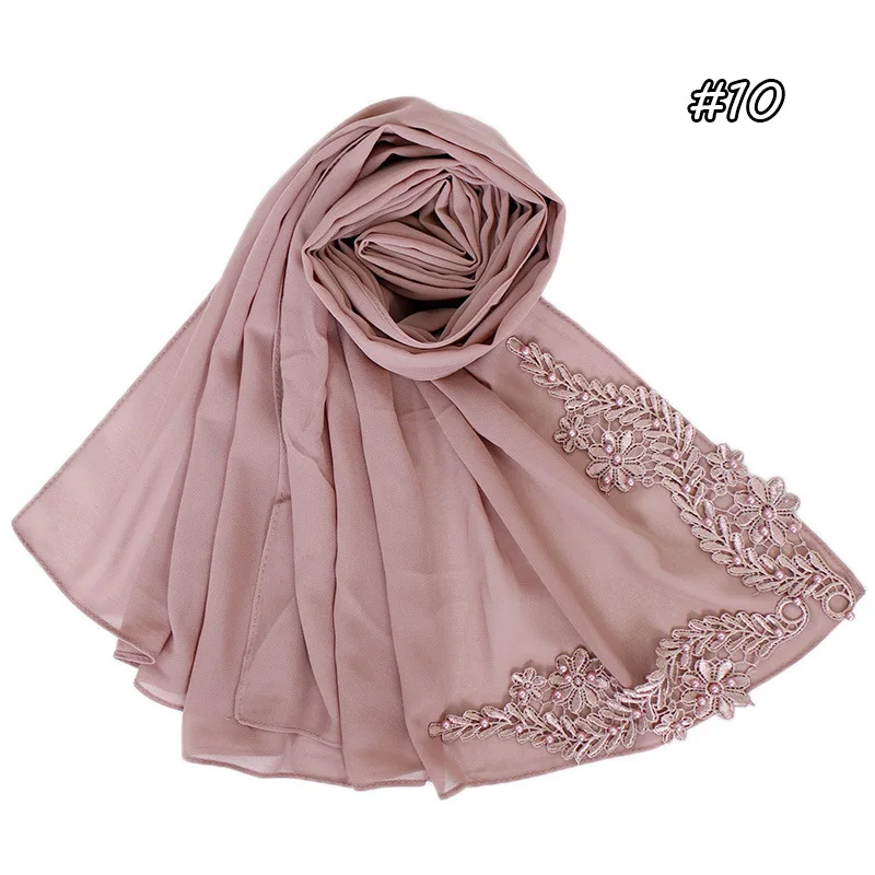 70*180 см шифоновый хиджаб шарф с жемчугом femme musulman длинные шали исламский платок одежда мусульманские хиджабы с вышивкой - Цвет: 10