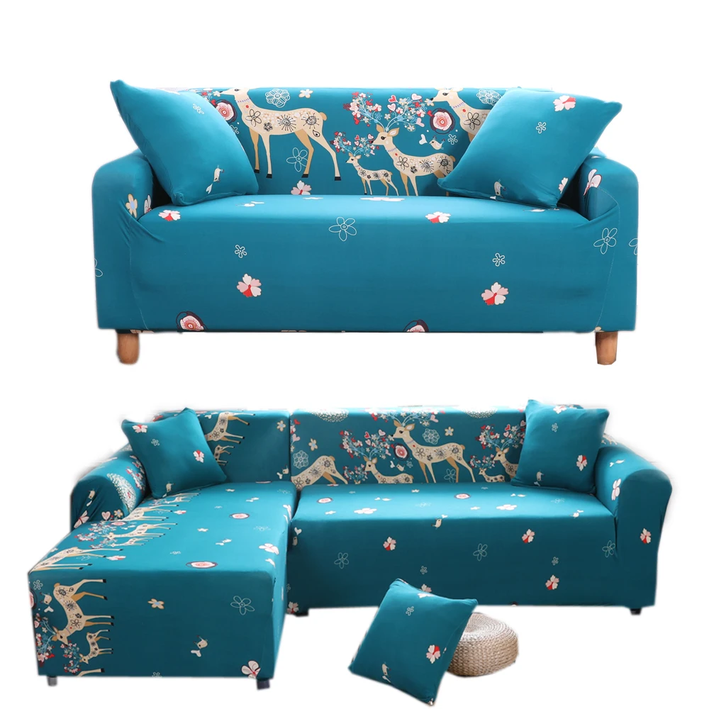 Cartoon deer Blue Spandex Sofa Covers 1Piece Polyester universal