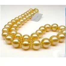 women gift 17INCH 14K GOLD CLASP AAA NATURAL Round 10-11mm south sea golden pearls Necklace