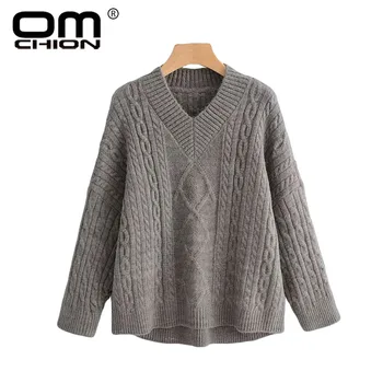 

OMCHION Pull Femme Batwing Sleeve V Neck Twist Knit Sweater Women 2018 Winter Large Lazy Pullover Koren Style Clothing LMM74
