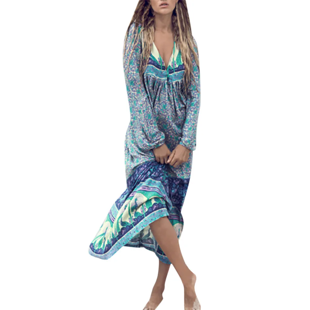 

SAGACE Women's Dress Summer 2019 Bohemian Dress printed Waist Long sleeve V-Collar Chiffon Beach Dresses With Tassel Sundress