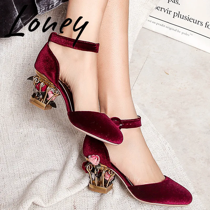 

Loney New Spring Summer Velvet Caged Heel Floral Women Pumps Round Toe Buckle Strap Women High Heels Shoes Women