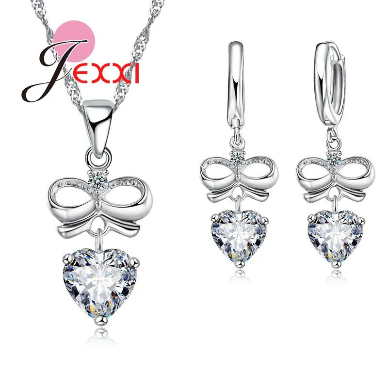 

New 925 Sterling Silver Jewelry Set African AAA Crystal Heart Pendant Necklaces Earring Women Bridal Wedding Bijoux