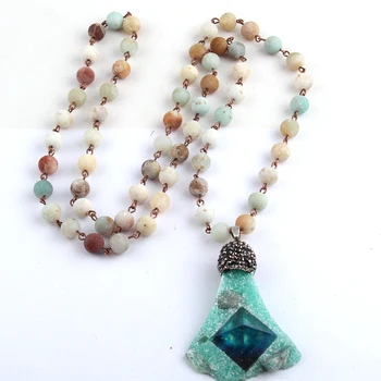 

Free Shipping Fashion Bohemian Tribal Jewelry Amazonite Natural Drop Pendant Stone Necklace