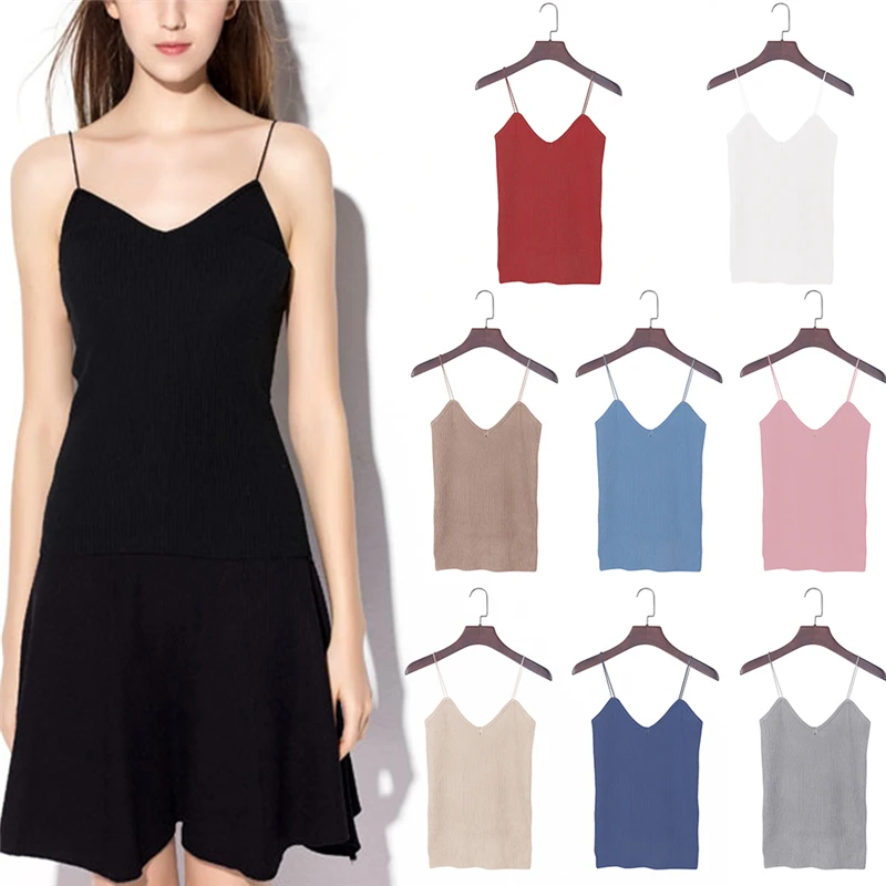 2018 Autumn Summer Knitted Tank Tops Women Camisole Vest Simple Stretchable V-Neck Slim Sexy Strappy Tank Top Fashion New Solid