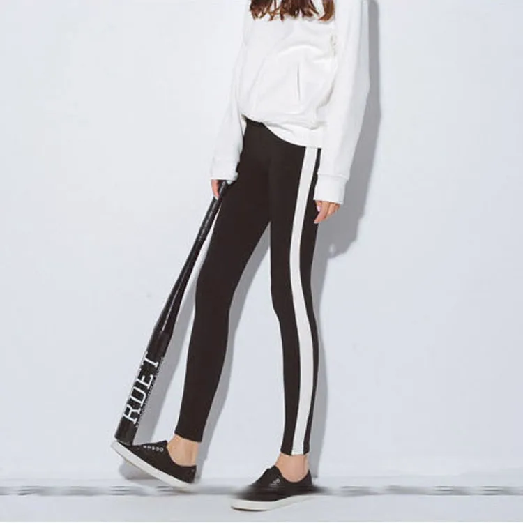 Новинка 2015, корейская мода, стильные черные женские брюки-леггинсы с широкой белой полосой, контрастные цвета, эластичные обтягивающие