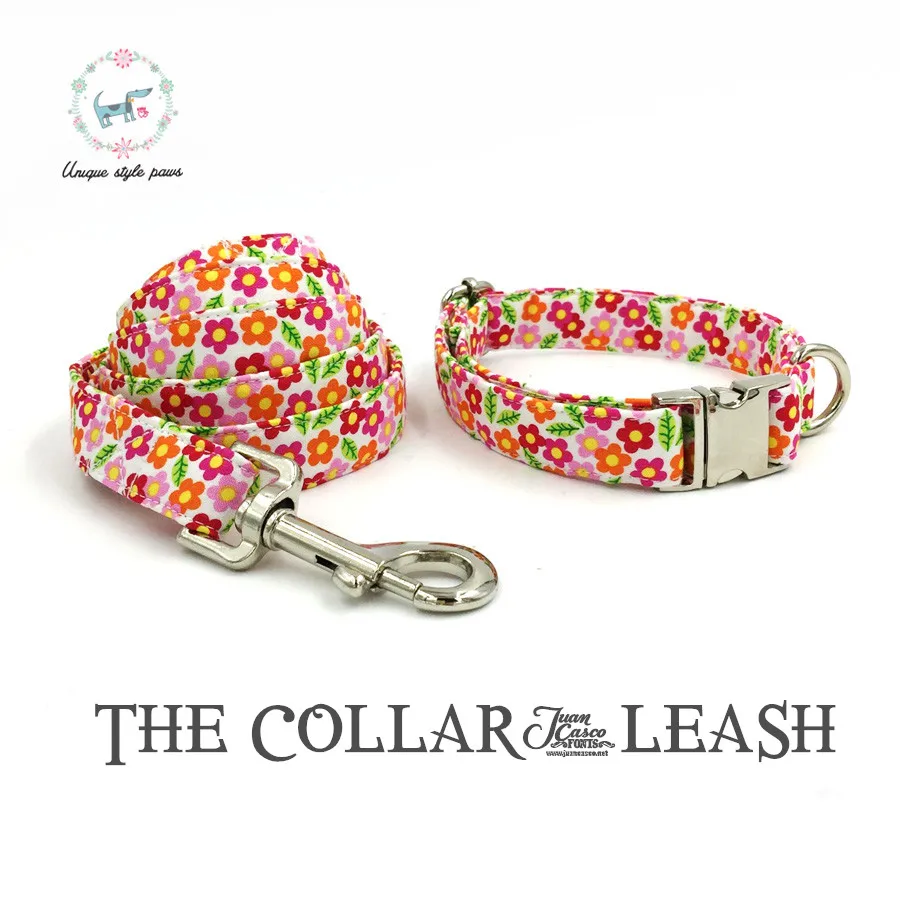 Image flowers collar and leash set with stainless steel  buckle cotton fabric dog  cat necklace and dog leash  for pet christmas gift