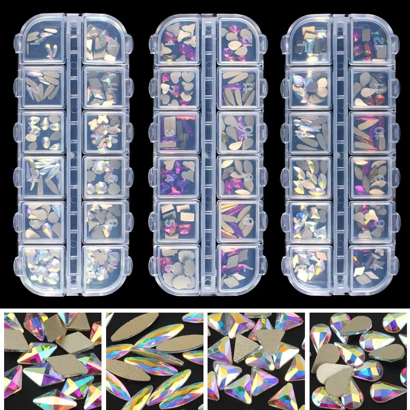 Модный кристалл AB/радужный дизайн ногтей смешанной формы необычной формы d в коробке красочные стеклянные камни для 3D украшения ногтей