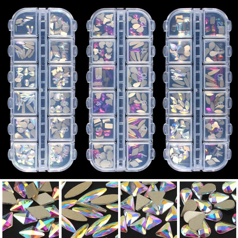 

Fashion Crystal AB/Rainbow Nail Art Mix shape Fancy Shaped In Box Colorful glass Stones For 3D Nail Art Decoration Free shipping